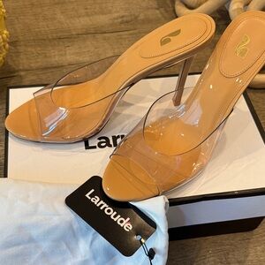 Larroude Clear and Tan Heels
